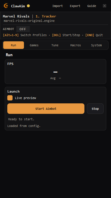 ClawAim Run tab with Start Aimbot