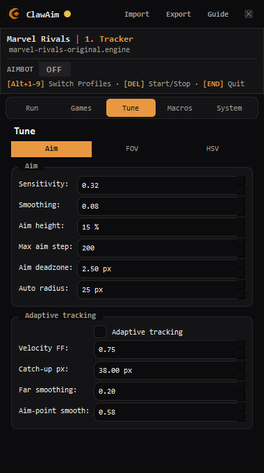 ClawAim Tune Aim settings