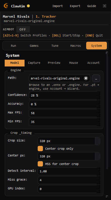 ClawAim System model settings